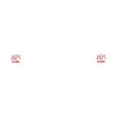 14k Yellow Gold Princess Pink CZ Stamping Prong Stud Earrings With Screw Back