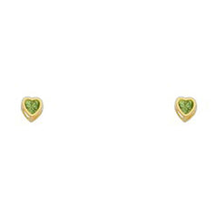 14k Yellow Gold 3mm Heart Peridot CZ August Birth Stone Stud Earrings With Screw Back