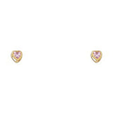 14k Yellow Gold 3mm Heart Pink CZ October Birth Stone Stud Earrings With Screw Back