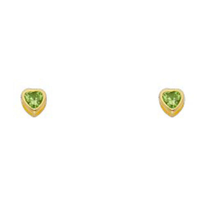 14k Yellow Gold 4mm Heart Peridot CZ August Birth Stone Stud Earrings With Screw Back