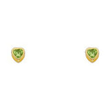 14k Yellow Gold 4mm Heart Peridot CZ August Birth Stone Stud Earrings With Screw Back