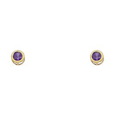 14k Yellow Gold 4mm Round Amethyst CZ February Birth Stone Stud Earrings With Screw Back