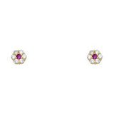 14k Yellow Gold Flower Ruby CZ July Birth Stone Stud Earrings With Screw Back