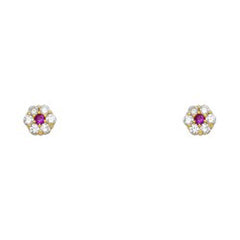 14k Yellow Gold Flower Ruby CZ July Birth Stone Stud Earrings With Screw Back