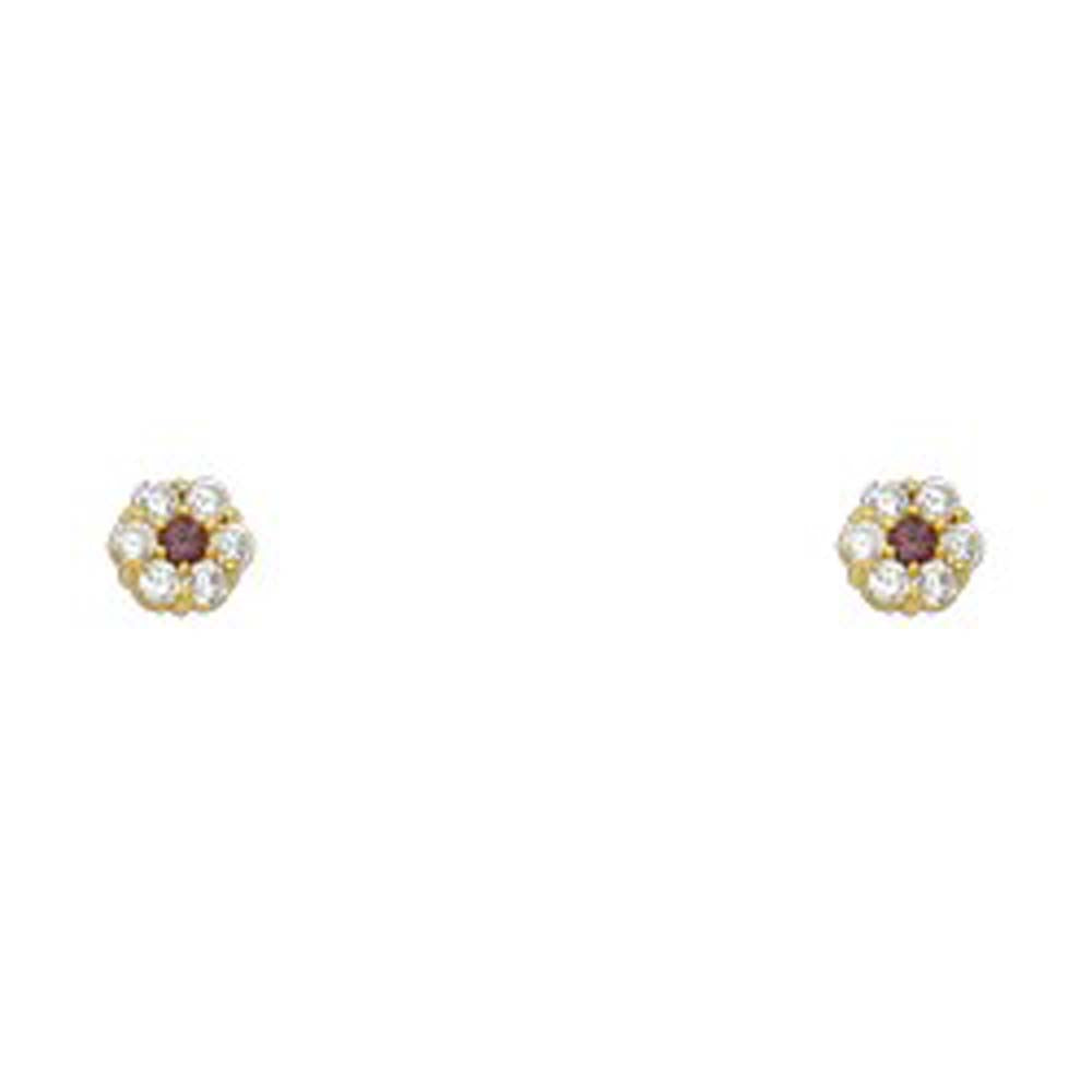 14k Yellow Gold Flower Light Amethyst CZ June Birth Stone Stud Earrings With Screw Back
