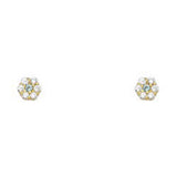 14k Yellow Gold Flower Aquamarine CZ March Birth Stone Stud Earrings With Screw Back