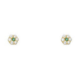 14k Yellow Gold Flower Emerald CZ May Birth Stone Stud Earrings With Screw Back