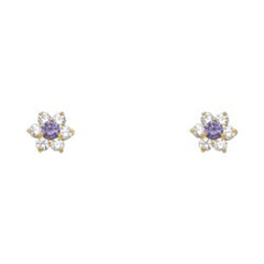 14k Yellow Gold Star Amethyst CZ February Birth Stone Stud Earrings With Screw Back