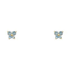 14k Yellow Gold Butterfly Aquamarine CZ March Birth Stone Stud Earrings With Screw Back