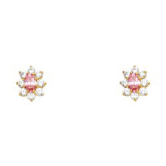 14k Yellow Gold Flower With Pink And CZ Assorted Stud Earrings With Screw Back