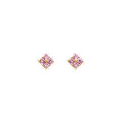 14K Yellow Gold 6mm Flower Pink CZ Stud Earrings - Screw Back