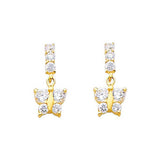 14K Yellow Gold 6mm Butterfly CZ Hanging Stud Earrings - Screw Back