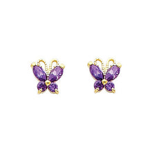 Load image into Gallery viewer, 14K Yellow Gold 6mm Butterfly Amethyst CZ Stud Earrings - Screw Back