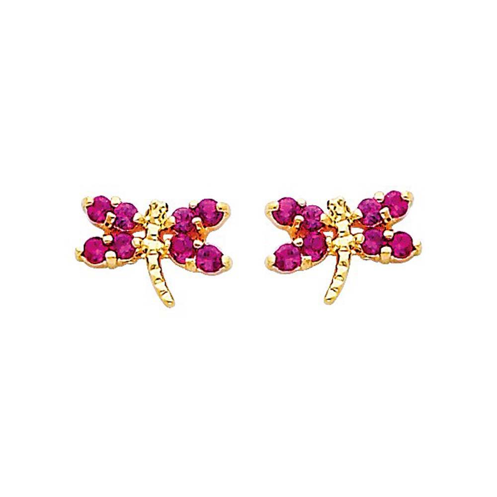 14K Yellow Gold 10mm Dragonfly CZ Stud Earrings - Screw Back
