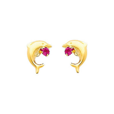 14K Yellow Gold 6mm Dolphin Ruby CZ Stud Earrings - Screw Back