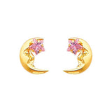 14K Yellow Gold 7mm Moon Pink CZ Stud Earrings - Screw Back