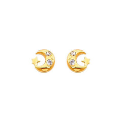 14K Yellow Gold 5mm Moon and Star CZ Stud Earrings - Screw Back
