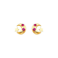 14K Yellow Gold 5mm Moon and Star Ruby CZ Stud Earrings - Screw Back