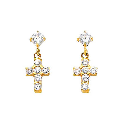 14K Yellow Gold 5mm Cross CZ Hanging Stud Earrings - Screw Back