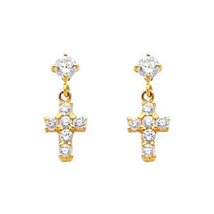 14K Yellow Gold 5mm Cross CZ Hanging Stud Earrings - Screw Back