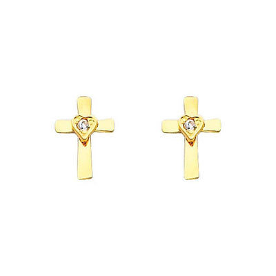 14K Yellow Gold 6mm Cross CZ Stud Earrings - Screw Back