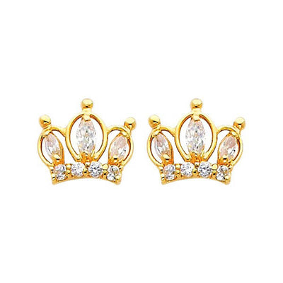 14K Yellow Gold 10mm Crown CZ Stud Earrings - Screw Back