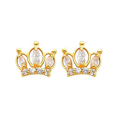 14K Yellow Gold 10mm Crown CZ Stud Earrings - Screw Back