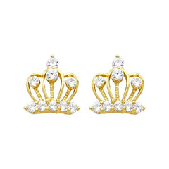 14K Yellow Gold 8mm Crown CZ Stud Earrings - Screw Back