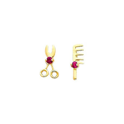 14K Yellow Gold 4mm Scissors and Comb CZ Stud Earrings - Screw Back