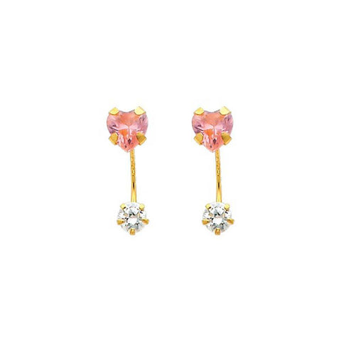 14K Yellow Gold 5mm Heart Pink CZ Curved Earrings