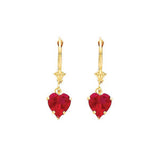 14K Yellow Gold Red CZ Heart shape Hanging Earrings