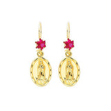 14K Yellow Gold Our Lady Guadalupe Red CZ Hanging Earrings