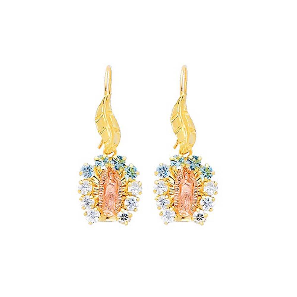 14K Yellow Gold Our Lady Guadalupe Blue and White CZ Hanging Earrings