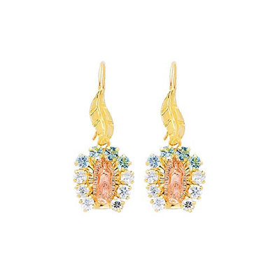 14K Yellow Gold Our Lady Guadalupe Blue and White CZ Hanging Earrings