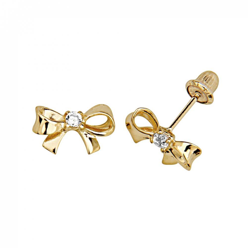 14k Yellow Gold Ribbon CZ Stud Screw Back Earrings