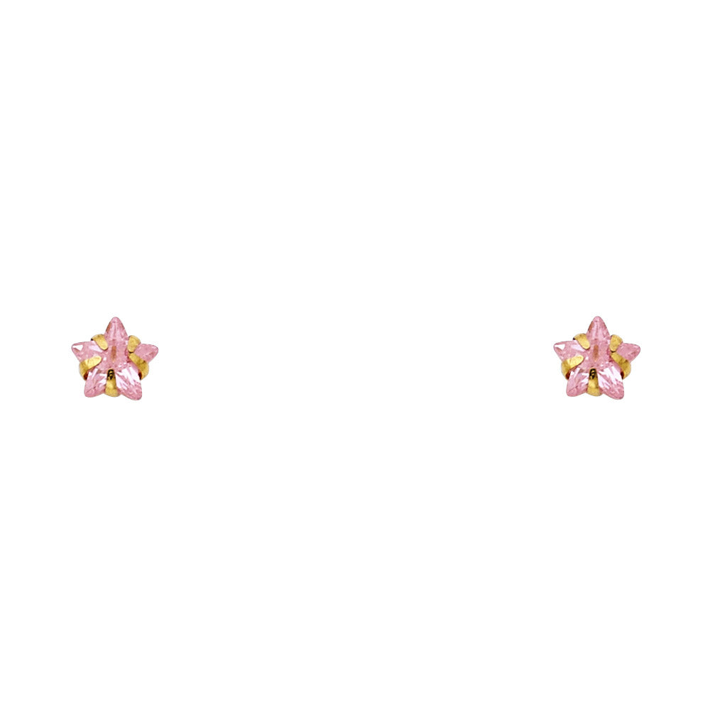 14k Yellow Gold 5mm Princess Pink CZ Stamping Prong Stud Earrings With Screw Back