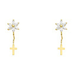 14k Yellow Gold Flower And Cross CZ Assorted Stud Earrings With Screw Back