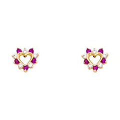 14k Yellow Gold Heart Ruby And Clear CZ Stud Earrings With Screw Back