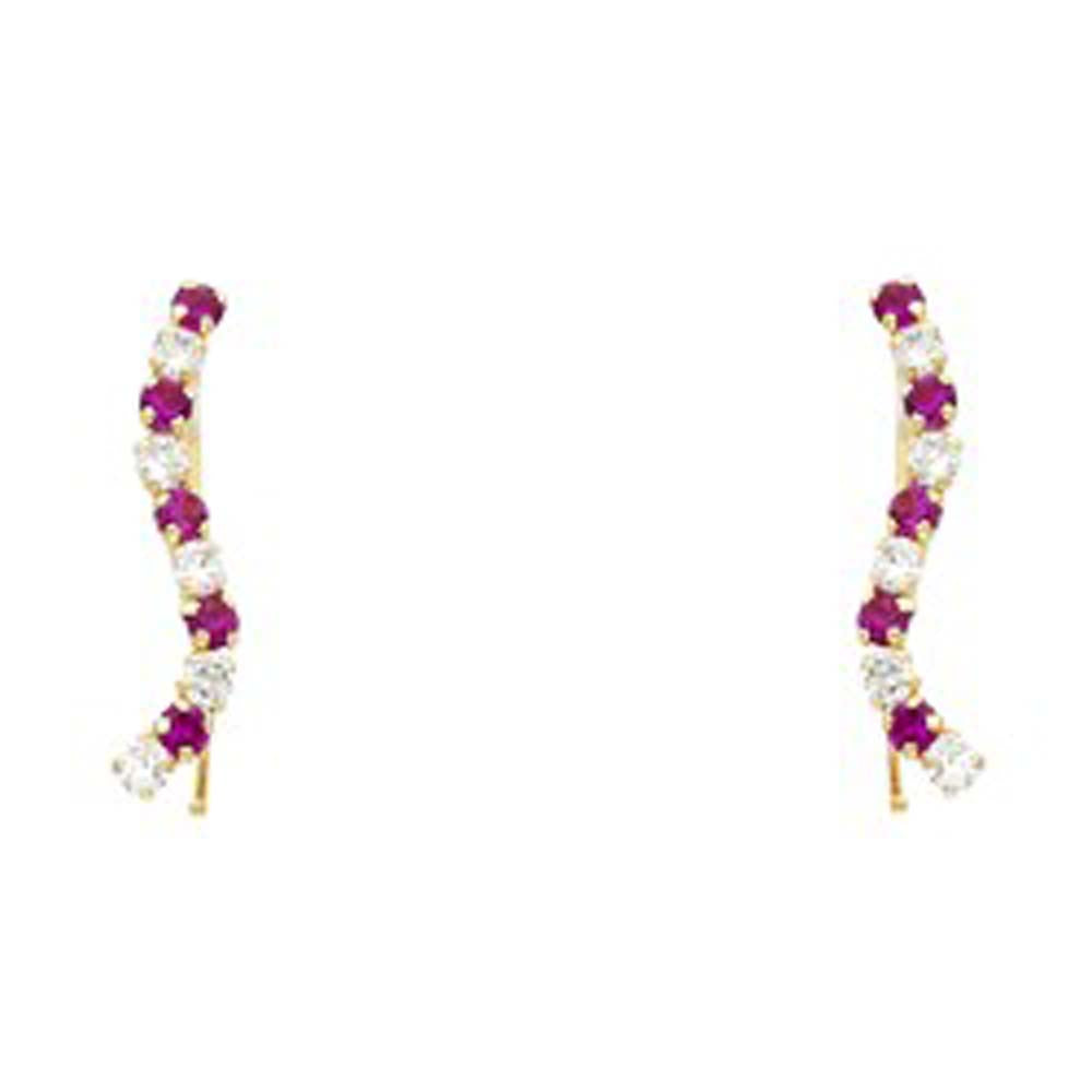 14K Yellow Gold Red and White CZ Hanging Earrings