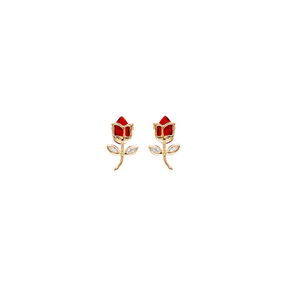 14K Yellow Gold Red Rose Stud Earrings