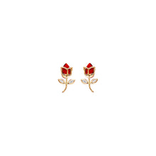 Load image into Gallery viewer, 14K Yellow Gold Red Rose Stud Earrings