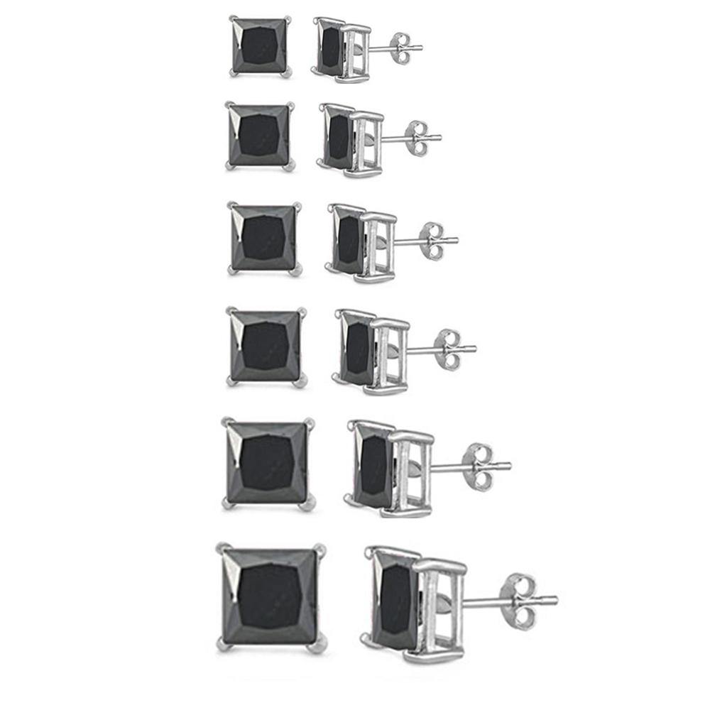 Sterling Silver Black Cubic Zirconia Casting Princess Stud Stud Push Back Earrings