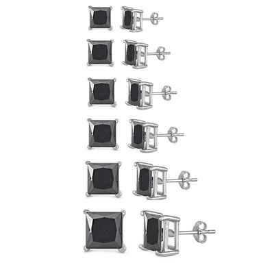 Sterling Silver Black Cubic Zirconia Casting Princess Stud Stud Push Back Earrings - silverdepot