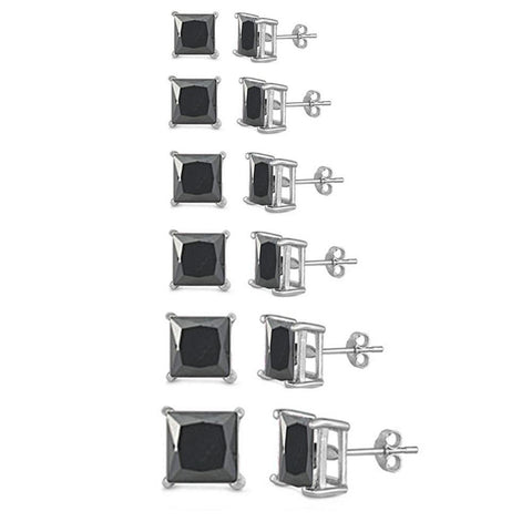 Sterling Silver Black Cubic Zirconia Casting Princess Stud Stud Push Back Earrings