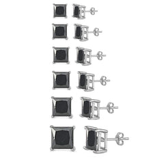 Sterling Silver Black Cubic Zirconia Casting Princess Stud Stud Push Back Earrings