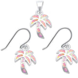 Sterling Silver Lab Created Pink Opal Palm Tree Earrings and Pendant Set