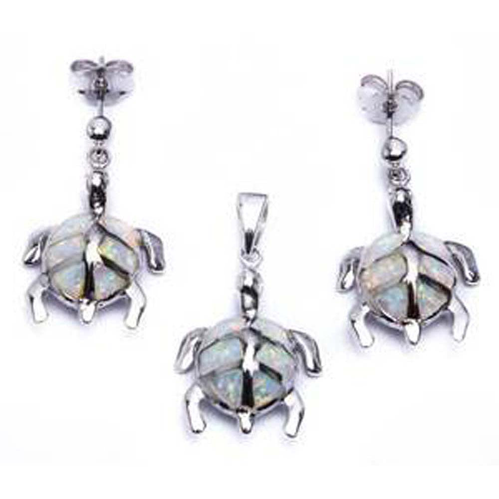 Sterling Silver White Opal Turtle Earrings And Pendant SetAnd Length 1inchAnd Width 11mm