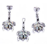 Sterling Silver White Opal Turtle Earrings And Pendant SetAnd Length 1inchAnd Width 11mm