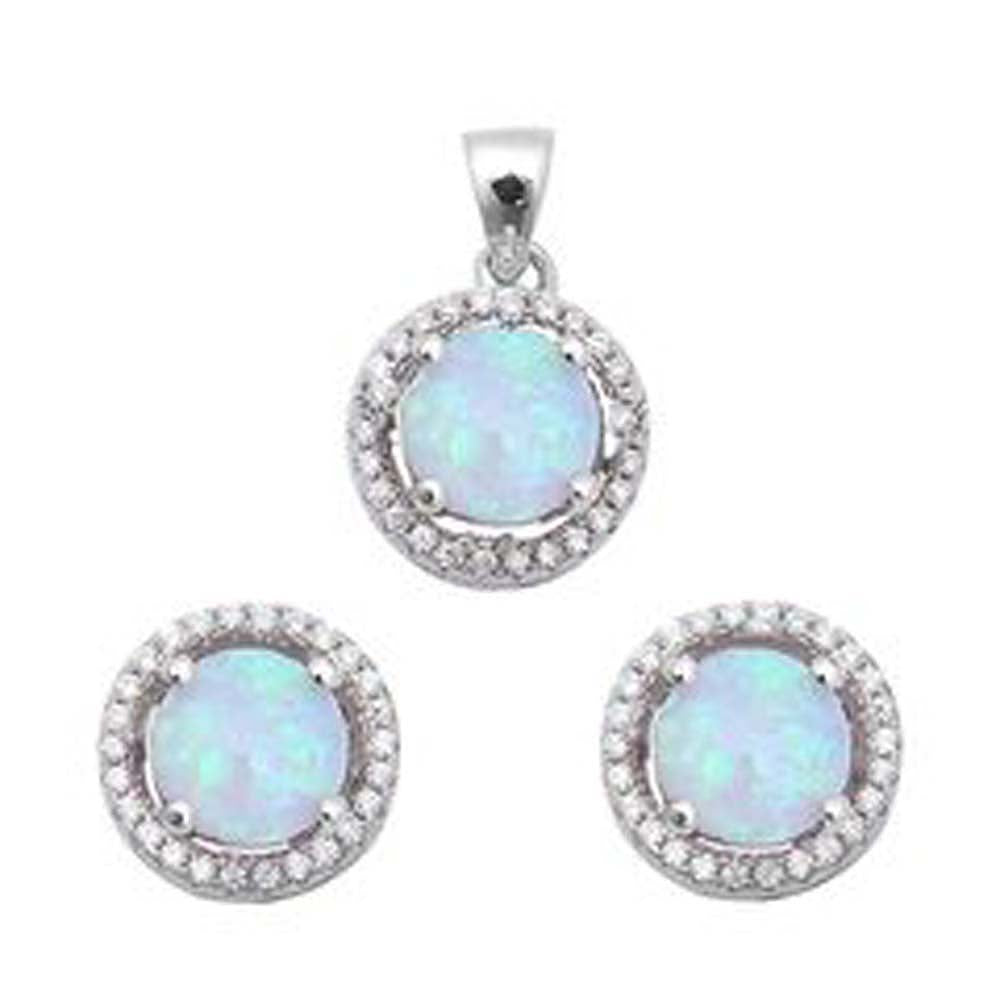 Sterling Silver Halo White Fire Opal and Cubic Zirconia  Earring and Pendant Set