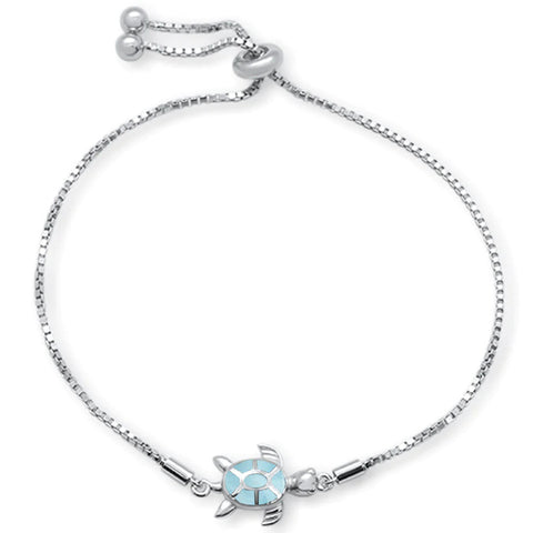 Sterling Silver Natural Larimar Turtle Adjustable Toggle Bola Bracelet-7.5inches